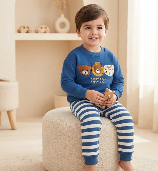 Baby Boys' "Happy Days" Animal Friends 2-Piece Set – Blue Sweatshirt & Striped Joggers : KZ1-008B