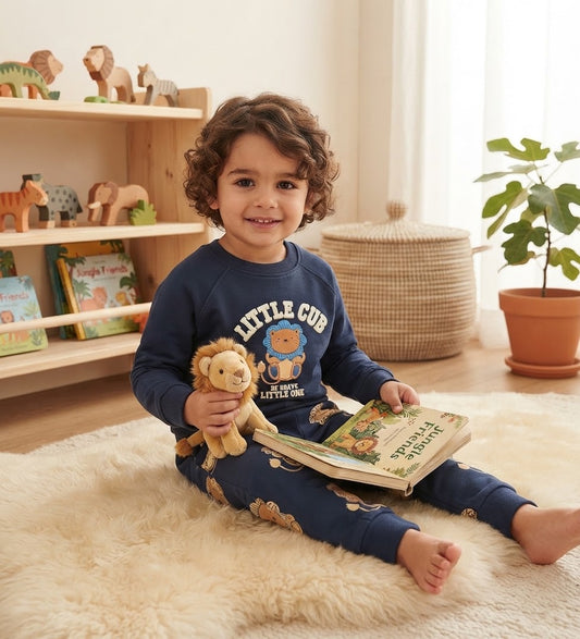 Baby Boys' "Little Cub" Lion 2-Piece Set – Navy Sweatshirt & Lion Print Joggers : KZ1-007B