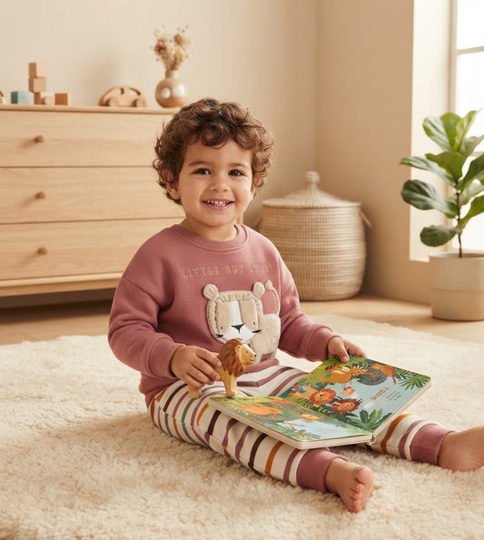 Baby Boys' "Little But Loud" Lion 2-Piece Set – Rose Sweatshirt & Striped Joggers : KZ1-006B