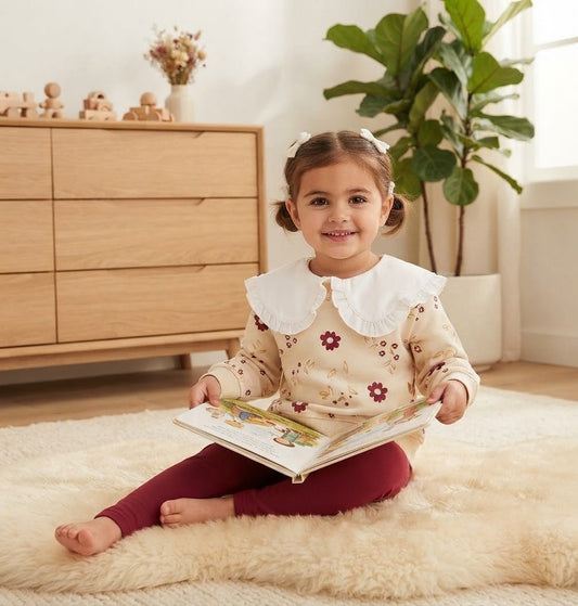 Baby Girls' Floral Ruffle Collar 2-Piece Set – Cream Sweatshirt & Burgundy Leggings : KZ1-002G