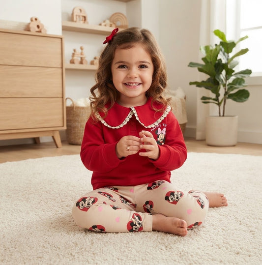 Baby Girls' Minnie & Mickey Lace Collar 2-Piece Set – Red Sweatshirt & Printed Leggings : KZ1-005G