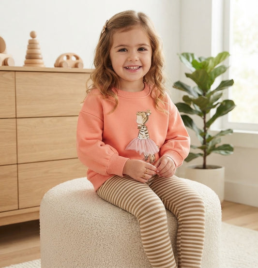 Baby Girls' Little Girl & Bunny 2-Piece Set – Peach Sweatshirt & Striped Leggings : KZ1-001G