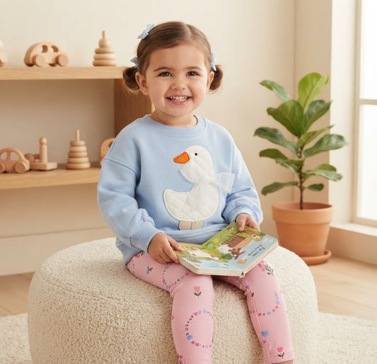 Baby Girls' 3D Goose 2-Piece Set – Sky Blue Sweatshirt & Pink Floral Leggings : KZ1-003G