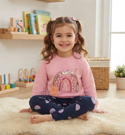 Girls' Rainbow 2-Piece Set – Pink Sweatshirt & Navy Printed Leggings : KZ2-001G