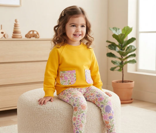 Girls' Floral Pocket 2-Piece Set – Mustard Sweatshirt & Floral Leggings : KZ2-002G