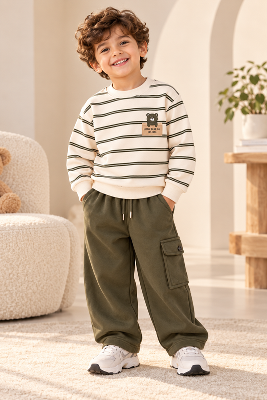 Boys' Striped Little Bear Cub 2-Piece Set – Cream Sweatshirt & Olive Cargo Pants : KZ3-004B