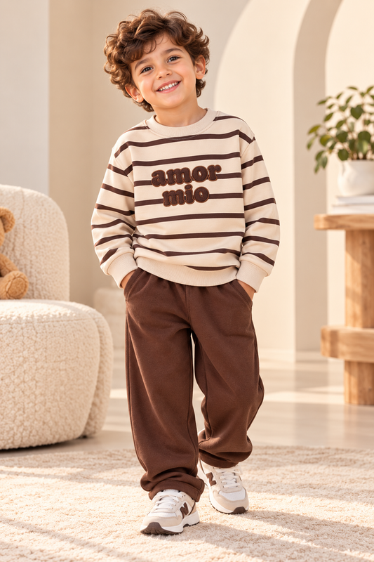 Boys' Striped "Amor Mio" 2-Piece Set – Cream Sweatshirt & Brown Cargo Pants : KZ3-002B