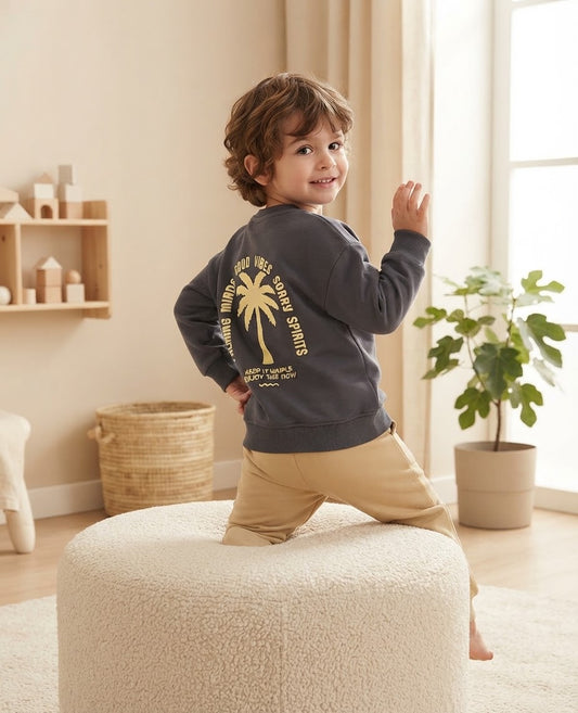 Boys' Palm Tree "Good Vibes" 2-Piece Set – Charcoal Sweatshirt & Beige Cargo Pants : KZ3-001B