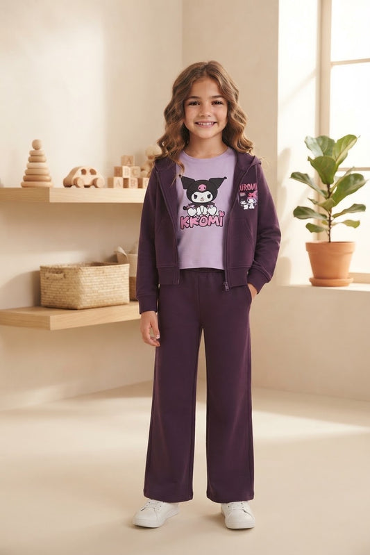 Girls' Kuromi 3-Piece Set – Plum Zip-Up Hoodie, Lilac Top & Wide-Leg Pants : LP1-006G