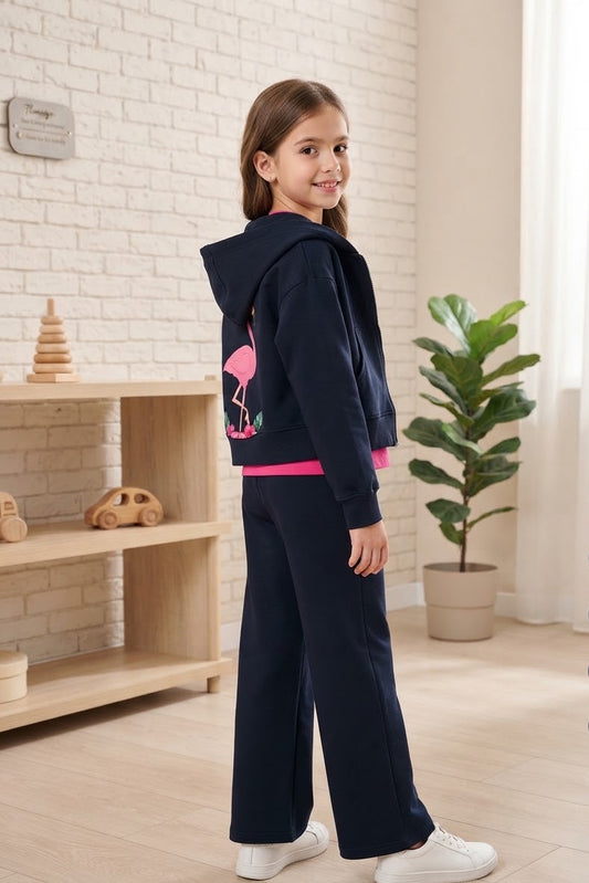 Girls' Flamingo 3-Piece Set – Navy Zip-Up Hoodie, Fuchsia Top & Wide-Leg Pants : LP1-005G
