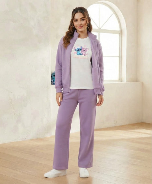 Girls' Stitch & Angel 3-Piece Set – Lavender Zip-Up Hoodie, Cream Top & Wide-Leg Pants : LP1-004G
