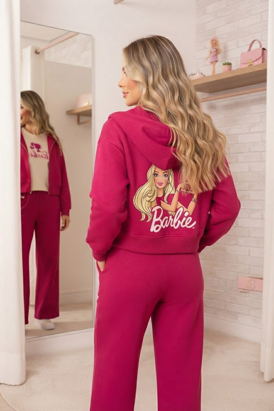 Girls' Barbie 3-Piece Set – Pink Zip-Up Hoodie, Cream Top & Wide-Leg Pants : LP1-003G