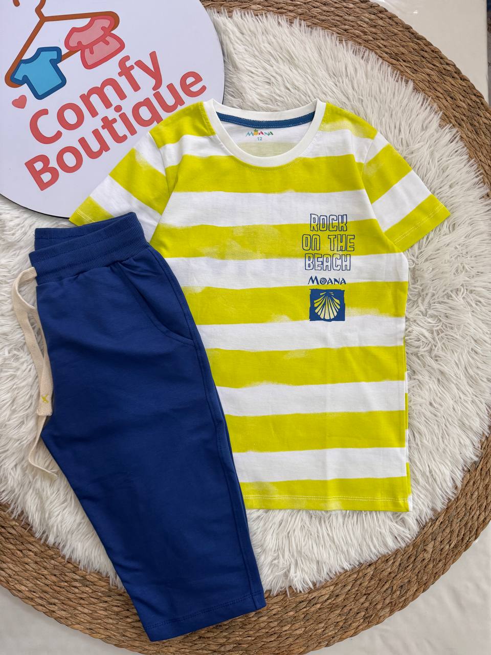 Rock On The Beach Yellow Striped Boys Tee + Blue capris set
