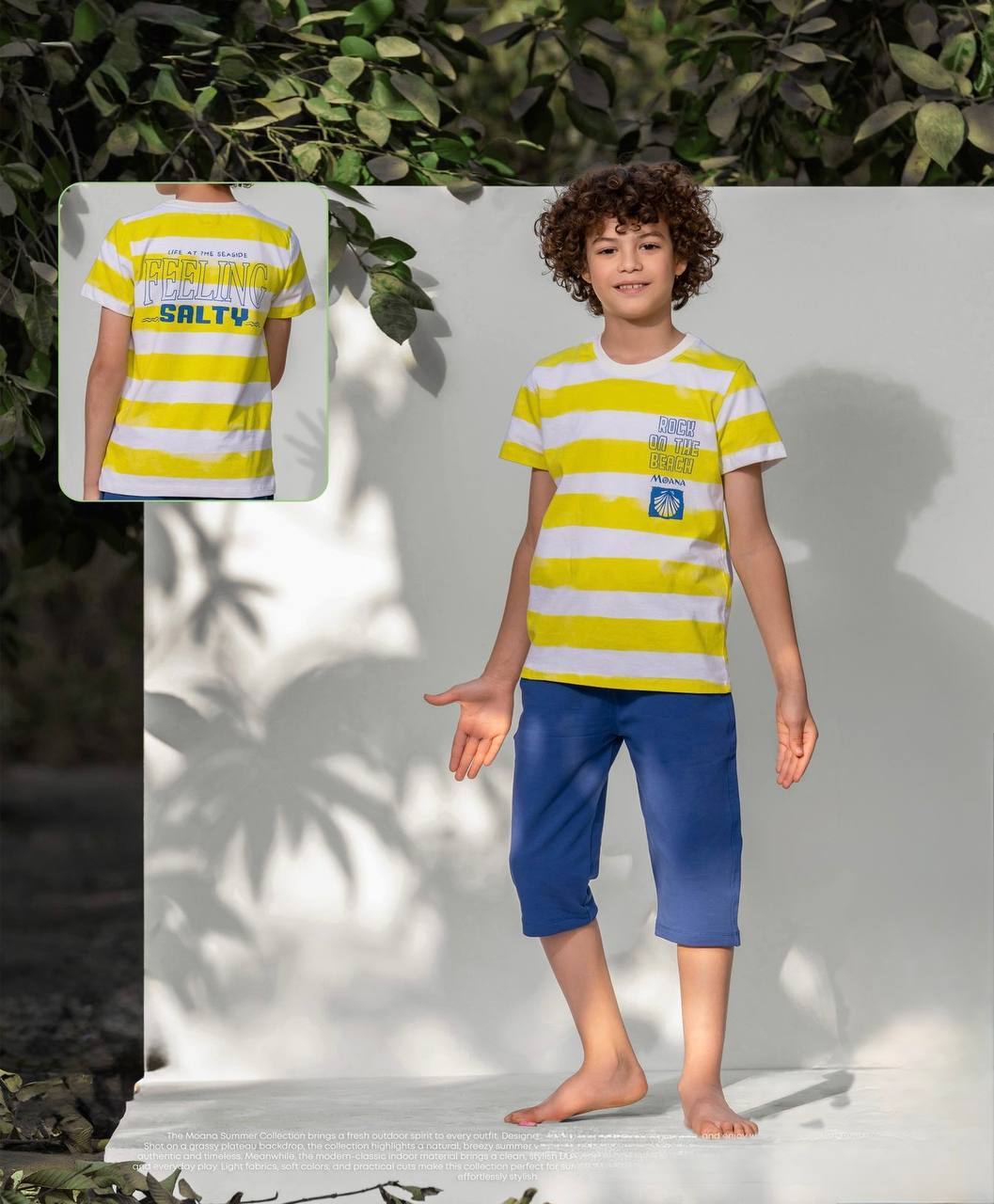 Rock On The Beach Yellow Striped Boys Tee + Blue capris set