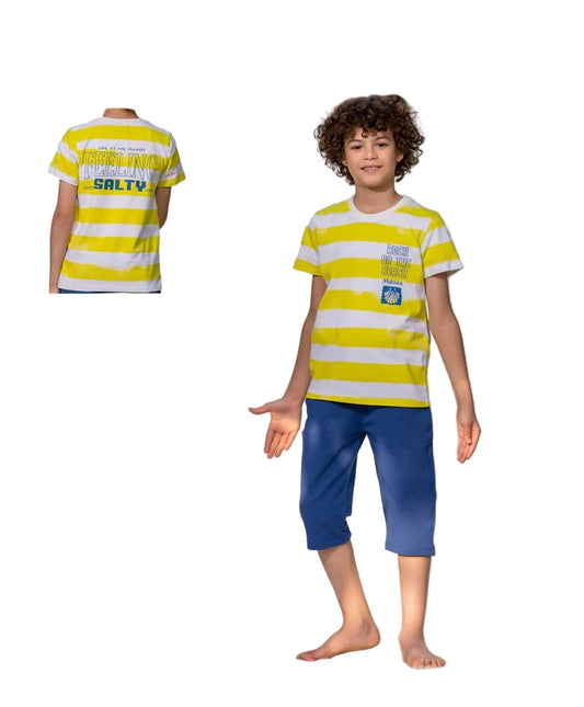 Rock On The Beach Yellow Striped Boys Tee + Blue capris set Mo2585