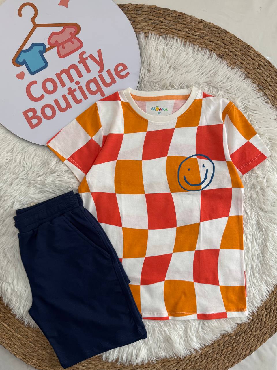 Sunny Checker Boys Tee + Navy Cargo Shorts Set
