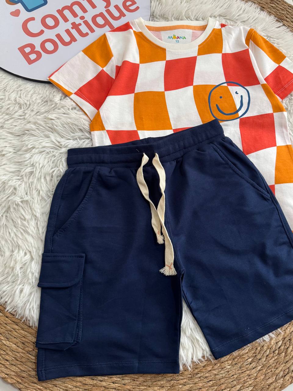 Sunny Checker Boys Tee + Navy Cargo Shorts Set