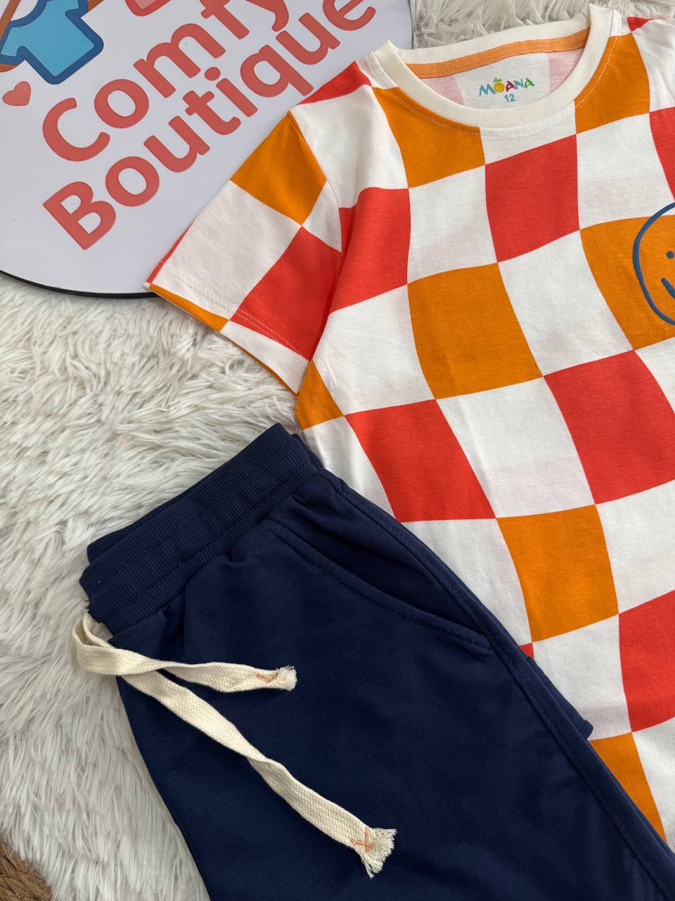 Sunny Checker Boys Tee + Navy Cargo Shorts Set