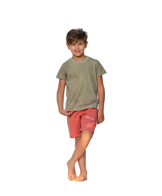 Boys Tropical Leaf Tee +  Palm Love coral shorts summer Set MO2576
