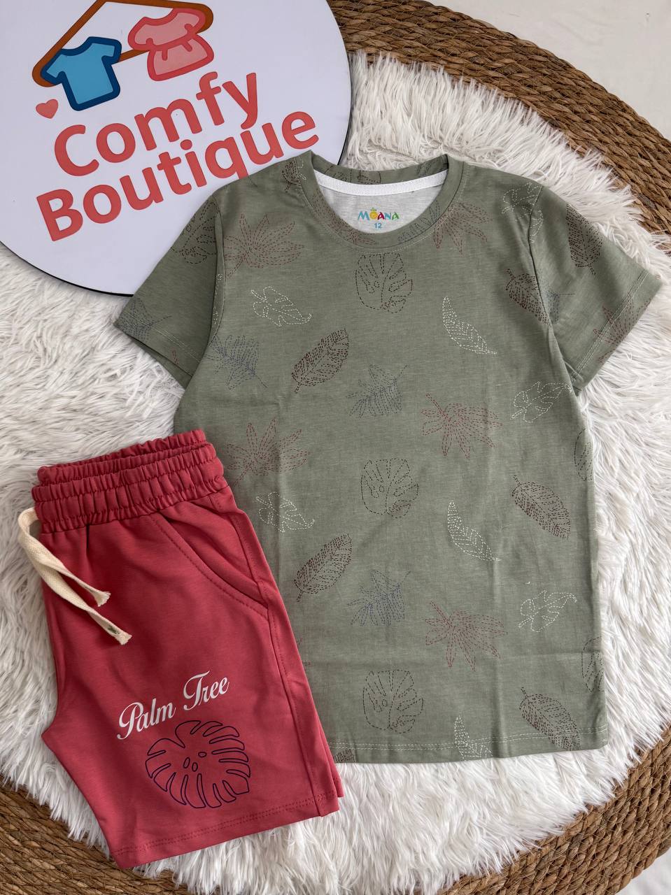Boys Tropical Leaf Tee +  Palm Love coral shorts summer Set