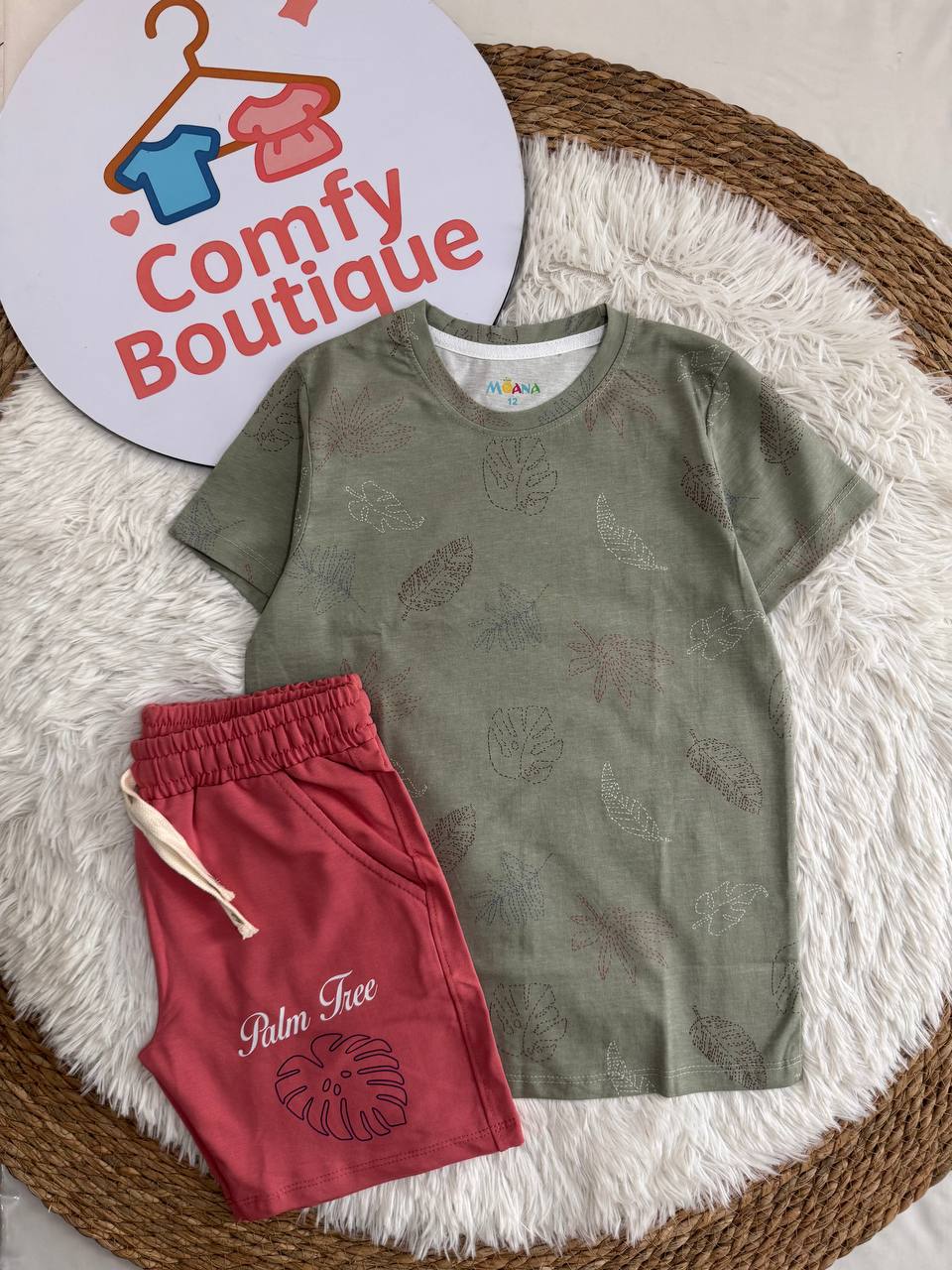 Boys Tropical Leaf Tee +  Palm Love coral shorts summer Set