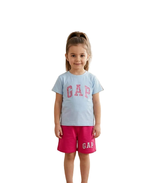 Girls Elsa Cotton Summer Set – Sky Blue T-Shirt & Fuchsia Shorts | GAP004G