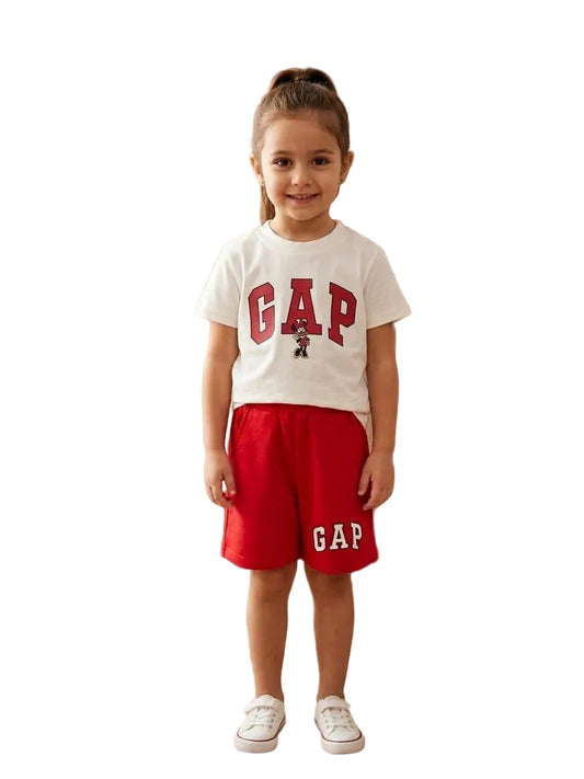 Girls Minnie Mouse Cotton Summer Set – White T-Shirt & Red Shorts |GAP002G