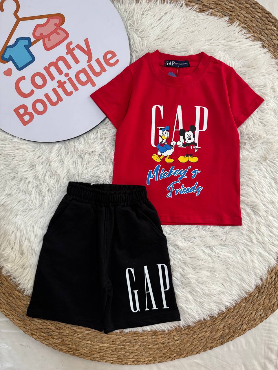 Cute Mickey & Friends Boys Summer Set – Red T-Shirt & Black Shorts