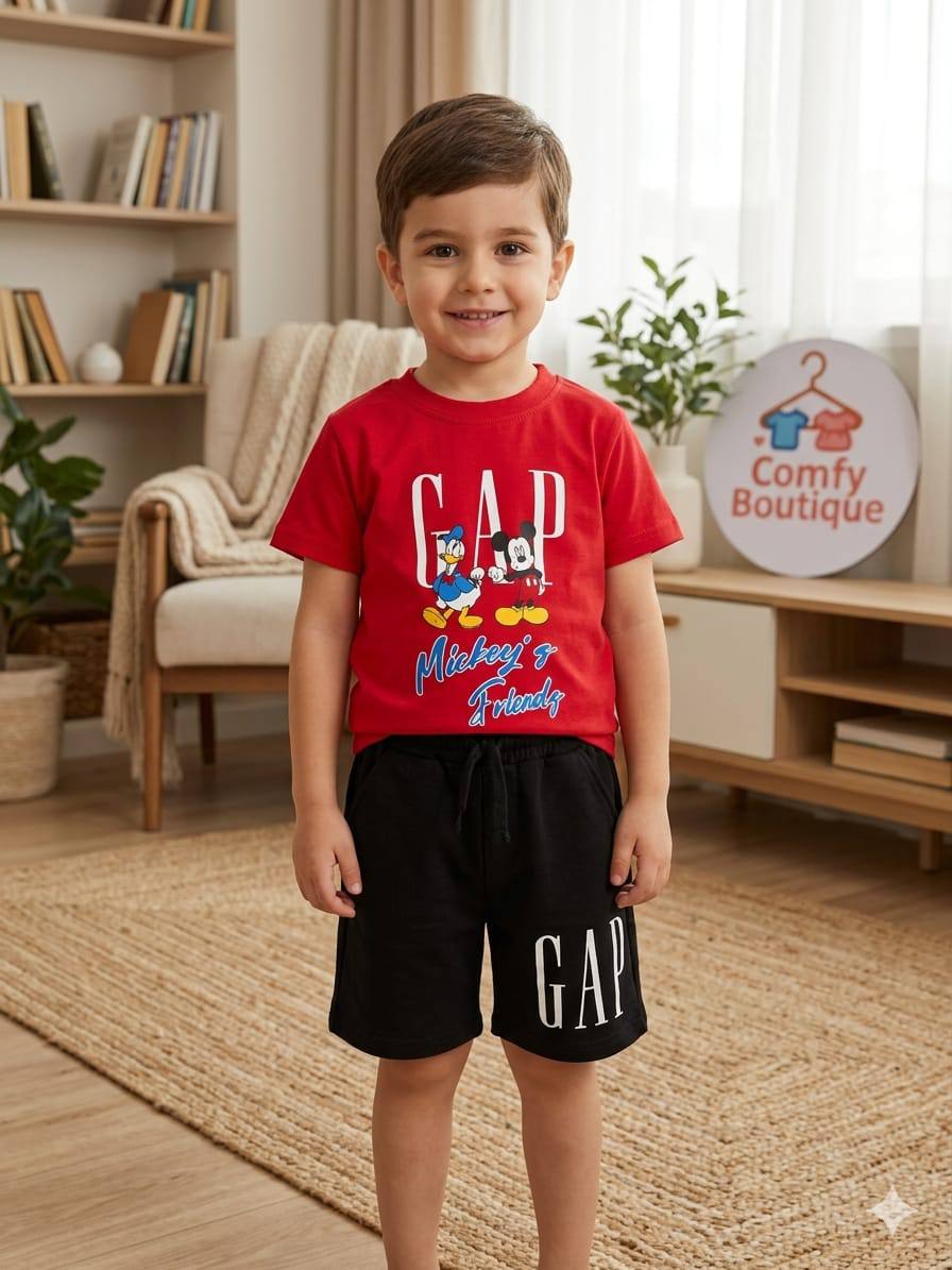 Cute Mickey & Friends Boys Summer Set – Red T-Shirt & Black Shorts