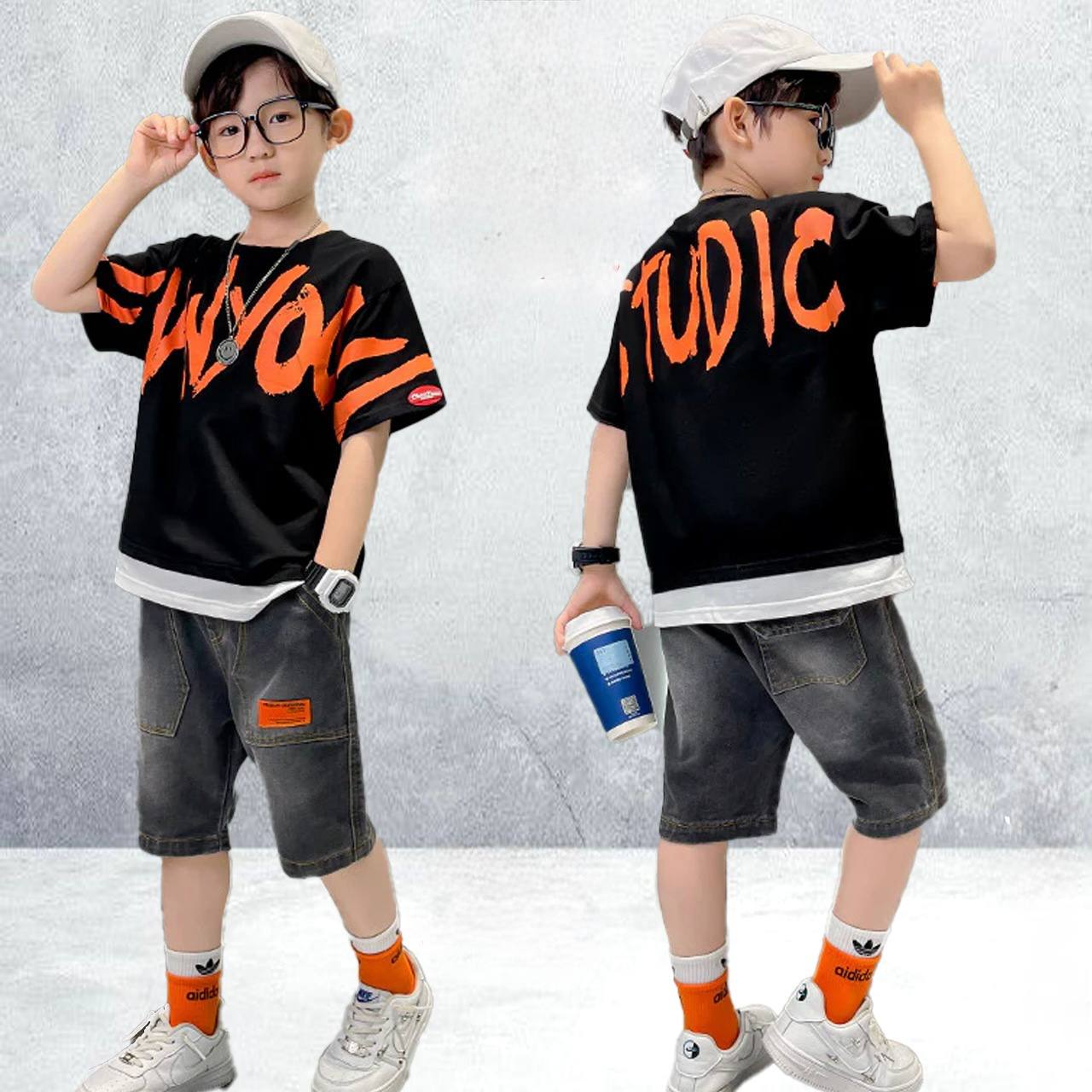 Boys Streetwear Summer Set – Black Graphic T-Shirt & Washed Denim Shorts ✅