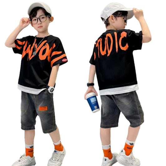 Boys Streetwear Summer Set – SB001 - Black Graphic T-Shirt & Washed Denim Shorts ✅