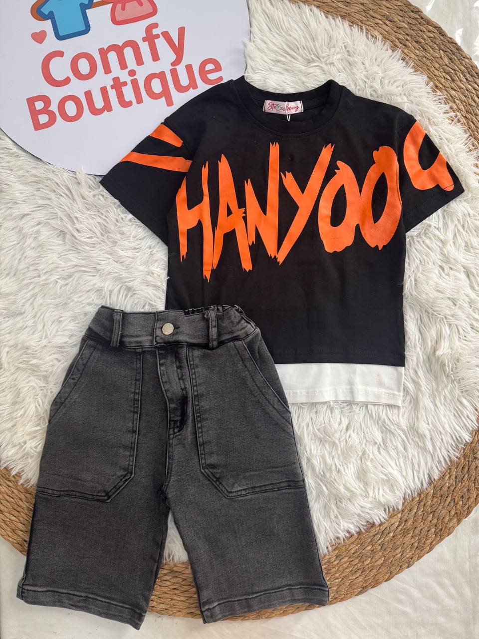 Boys Streetwear Summer Set – Black Graphic T-Shirt & Washed Denim Shorts ✅