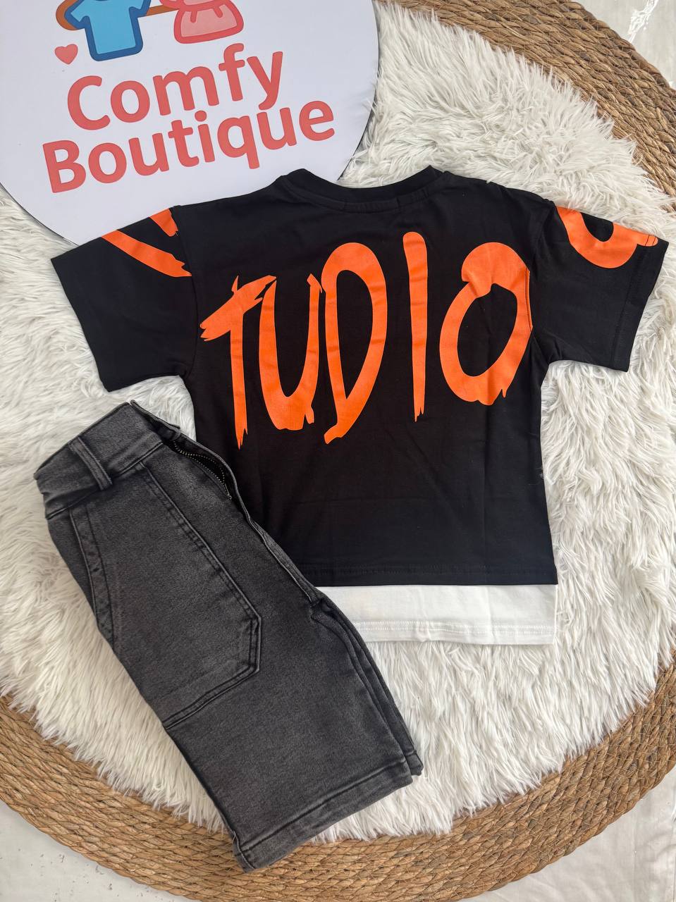 Boys Streetwear Summer Set – Black Graphic T-Shirt & Washed Denim Shorts ✅