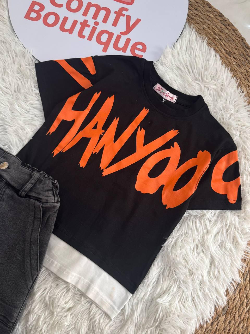 Boys Streetwear Summer Set – Black Graphic T-Shirt & Washed Denim Shorts ✅