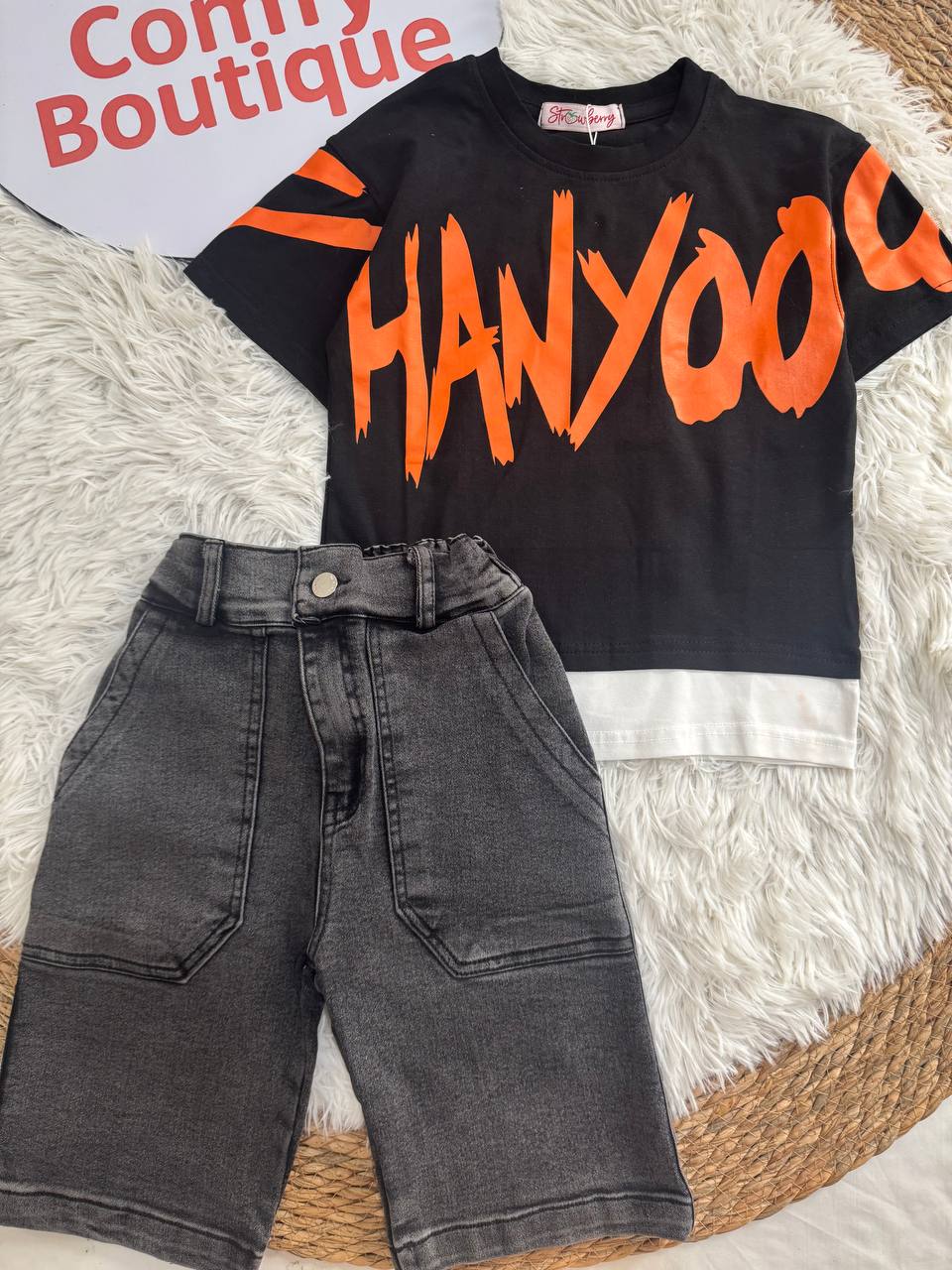 Boys Streetwear Summer Set – Black Graphic T-Shirt & Washed Denim Shorts ✅
