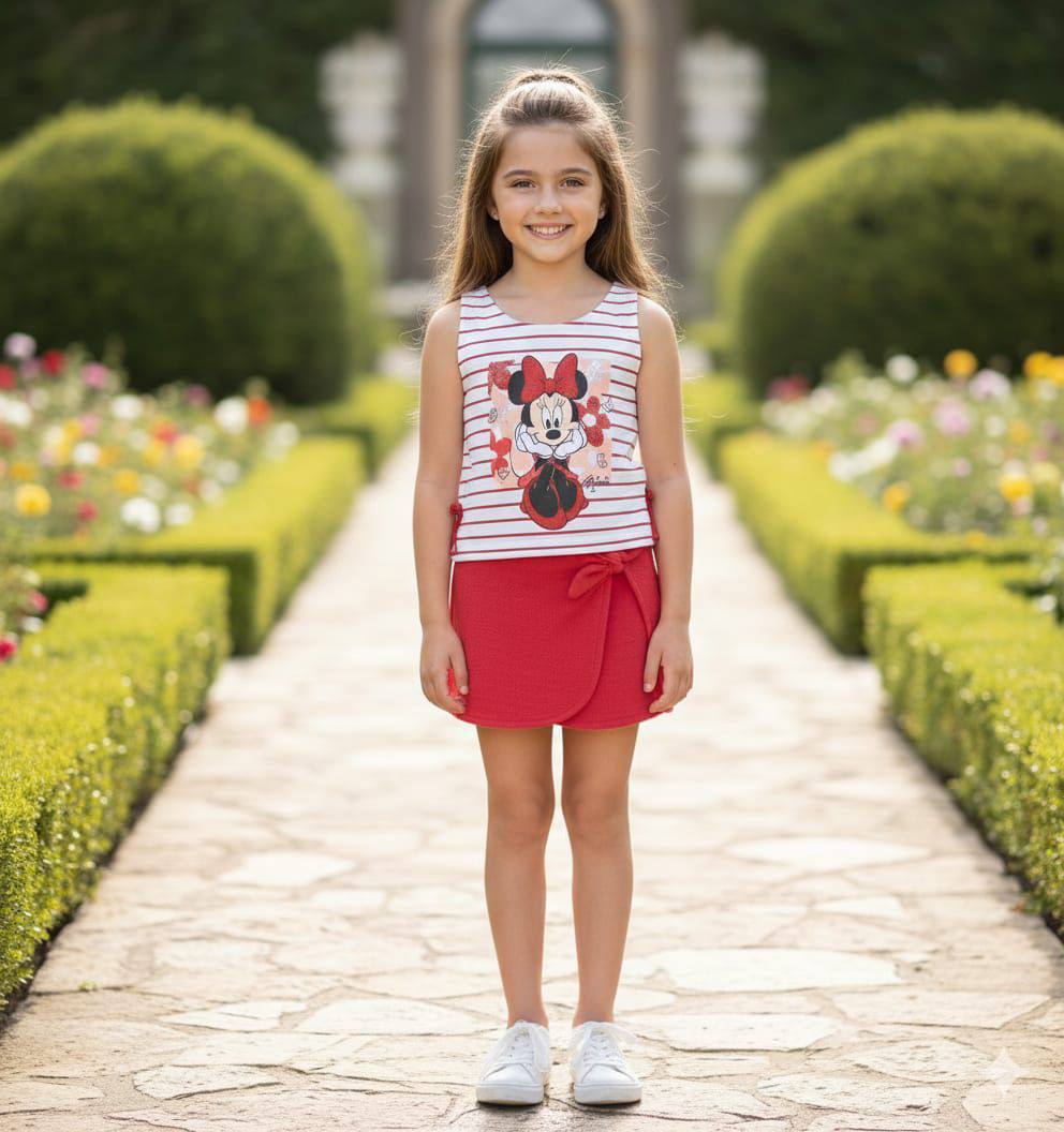 Girls Casual Minnie Print Set – Red & White Summer Style