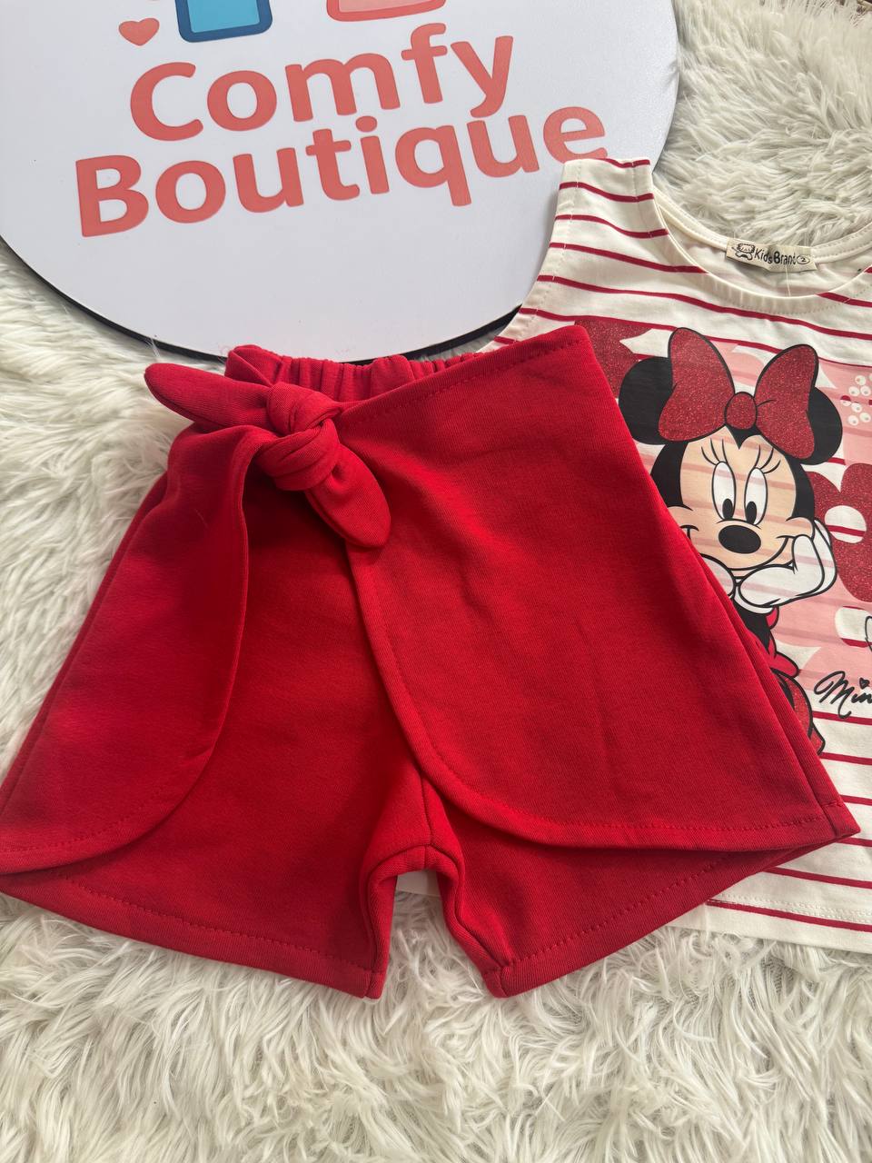 Girls Casual Minnie Print Set – Red & White Summer Style