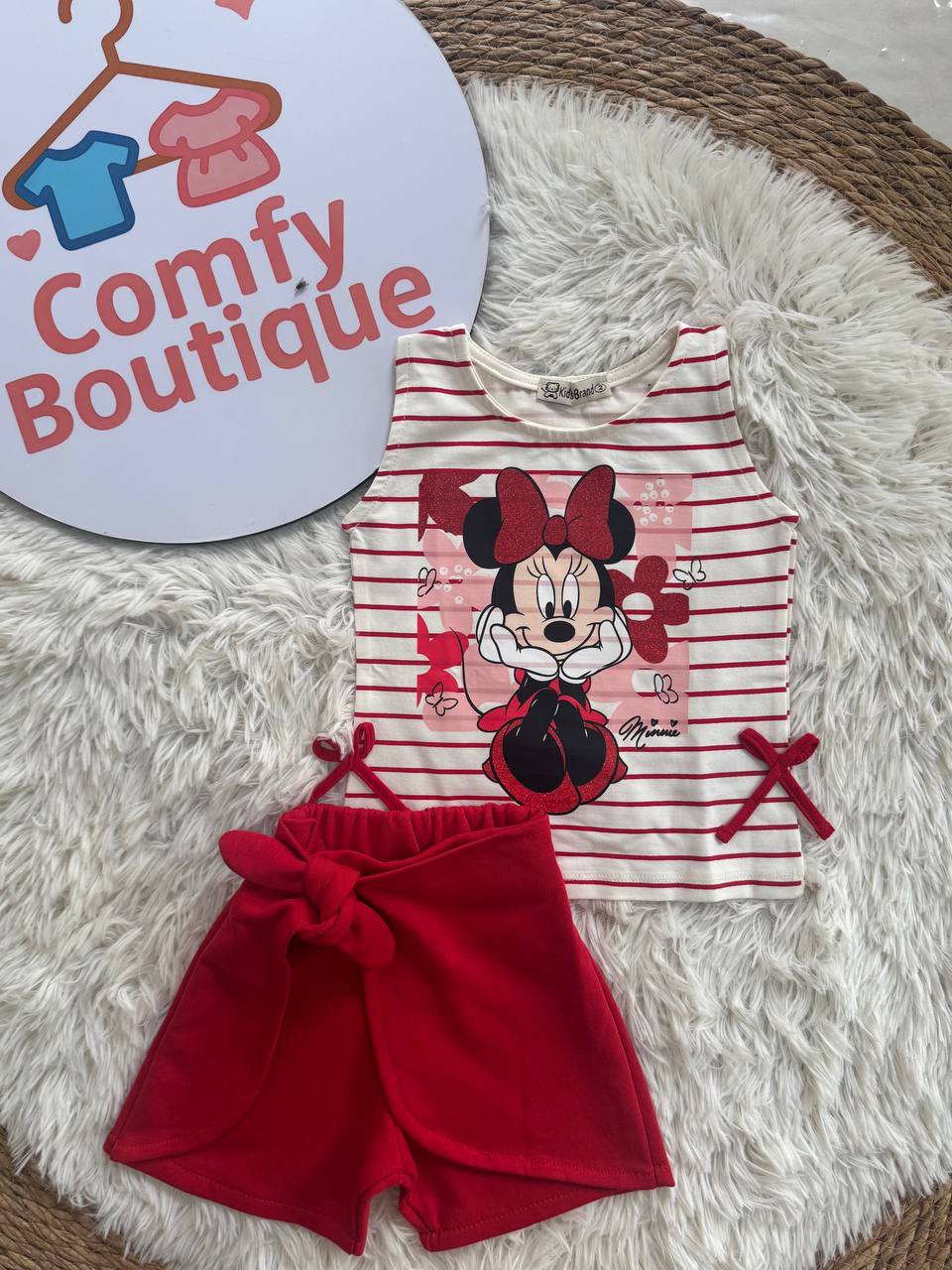 Girls Casual Minnie Print Set – Red & White Summer Style