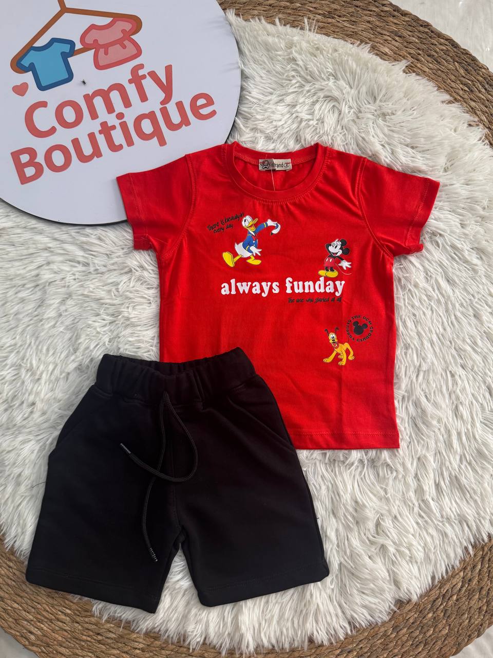 Boys Summer Casual Set – Rust Graphic T-Shirt & Black Shorts ☀️🧡