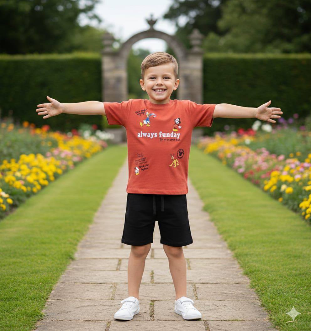 Boys Summer Casual Set – Rust Graphic T-Shirt & Black Shorts ☀️🧡