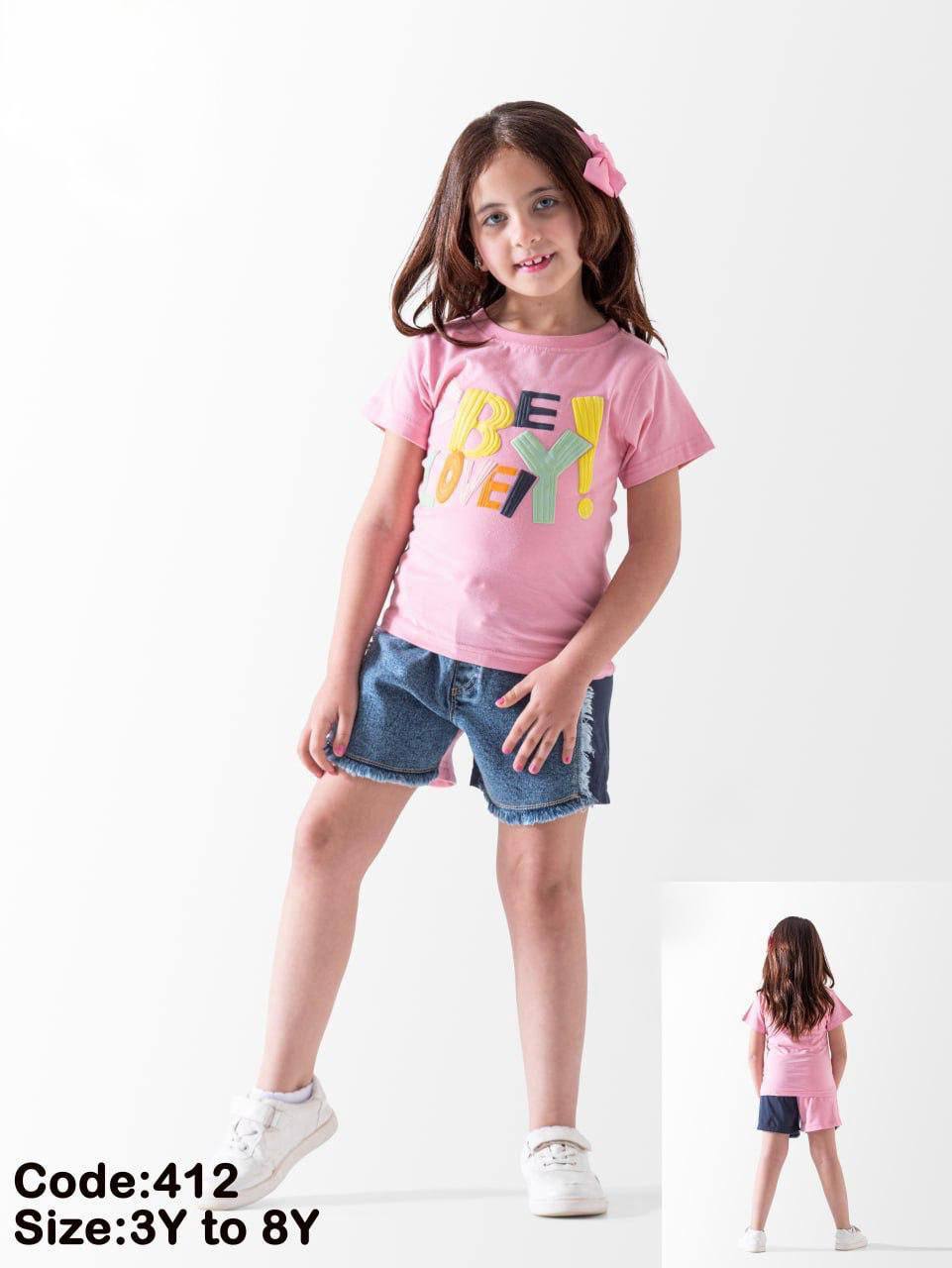 Girls’ Pink “BE LOVELY!” Tee & Denim Shorts Set