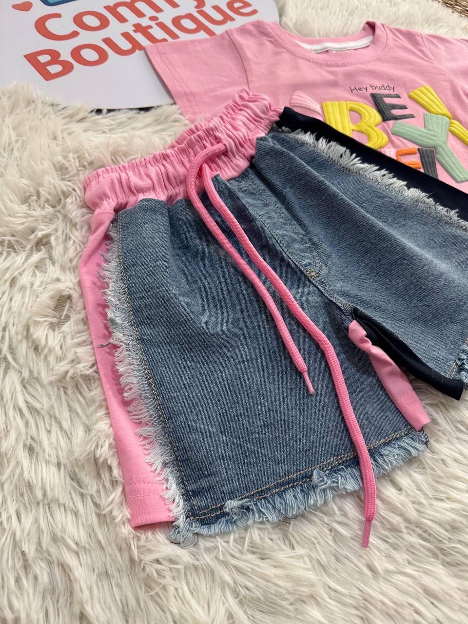 Girls’ Pink “BE LOVELY!” Tee & Denim Shorts Set