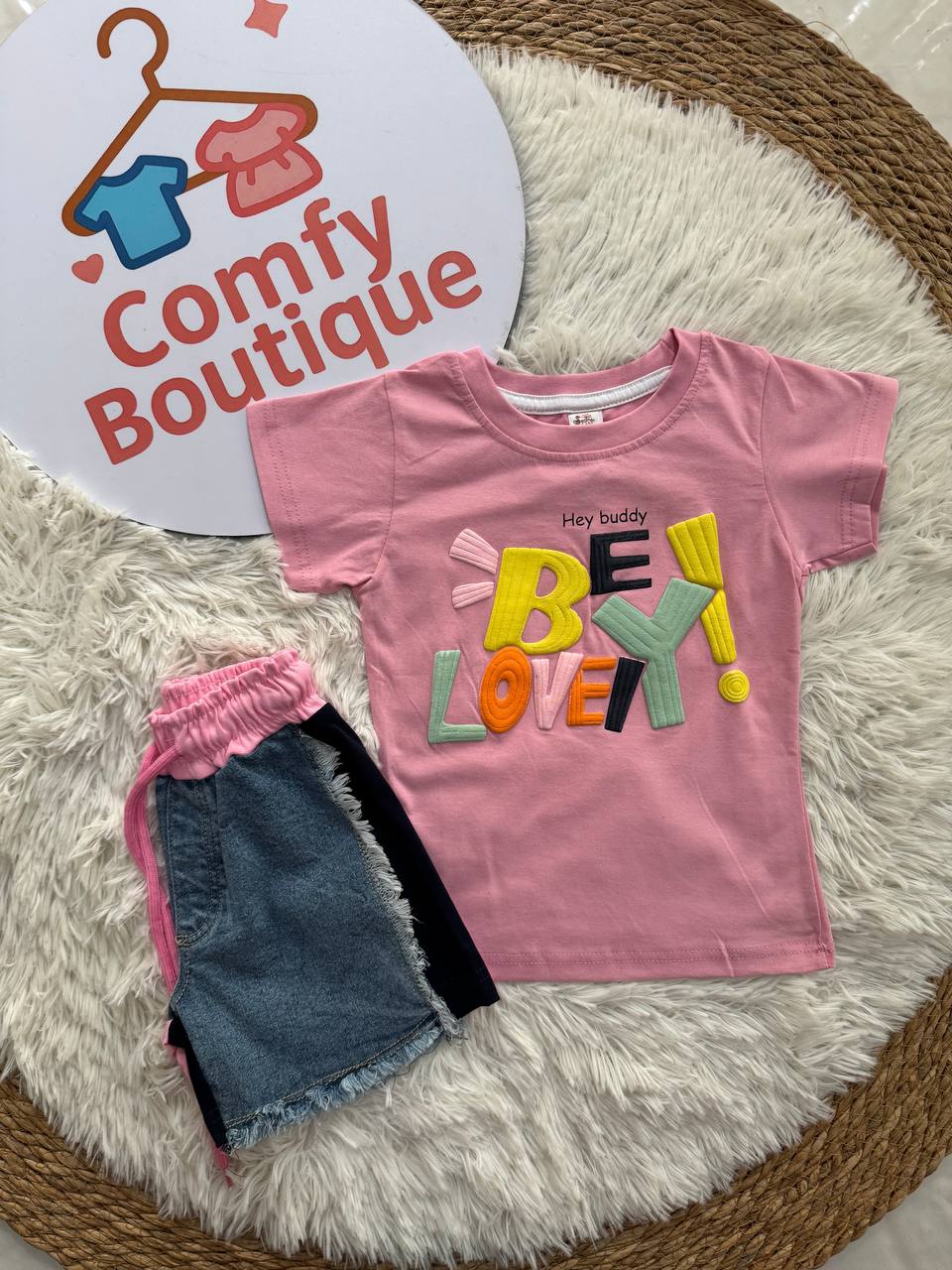 Girls’ Pink “BE LOVELY!” Tee & Denim Shorts Set