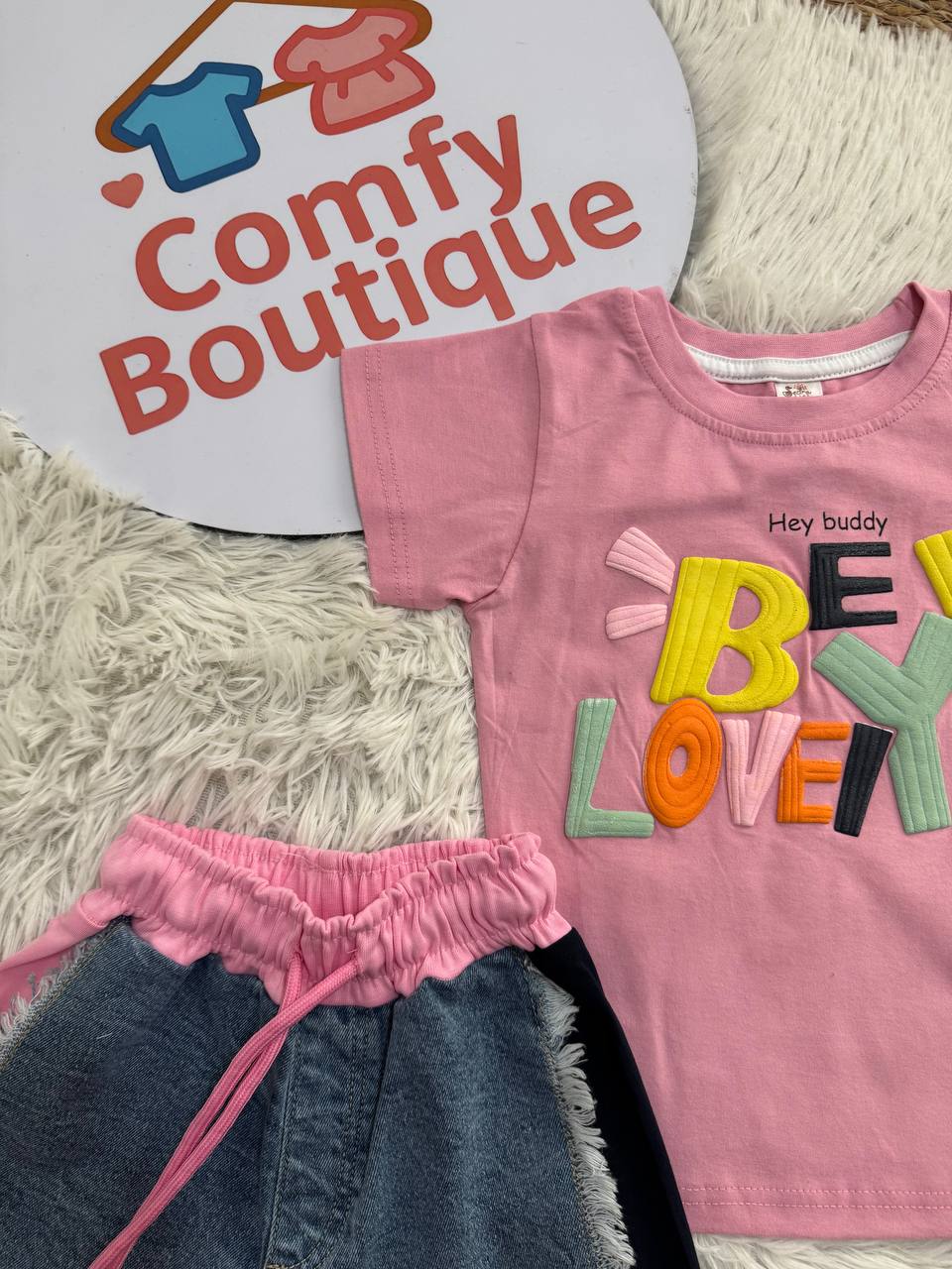 Girls’ Pink “BE LOVELY!” Tee & Denim Shorts Set