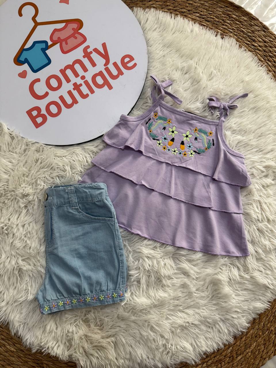 Girls’ Lavender Embroidered Top & Denim Shorts Set