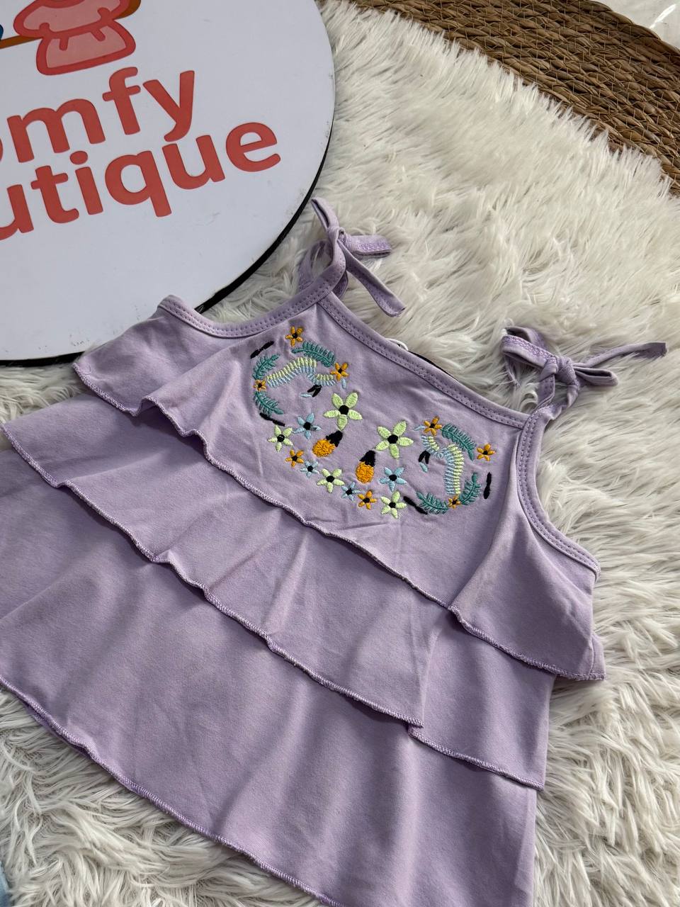Girls’ Lavender Embroidered Top & Denim Shorts Set