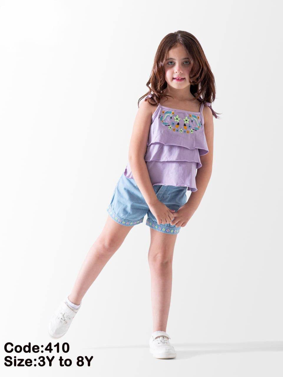 Girls’ Lavender Embroidered Top & Denim Shorts Set