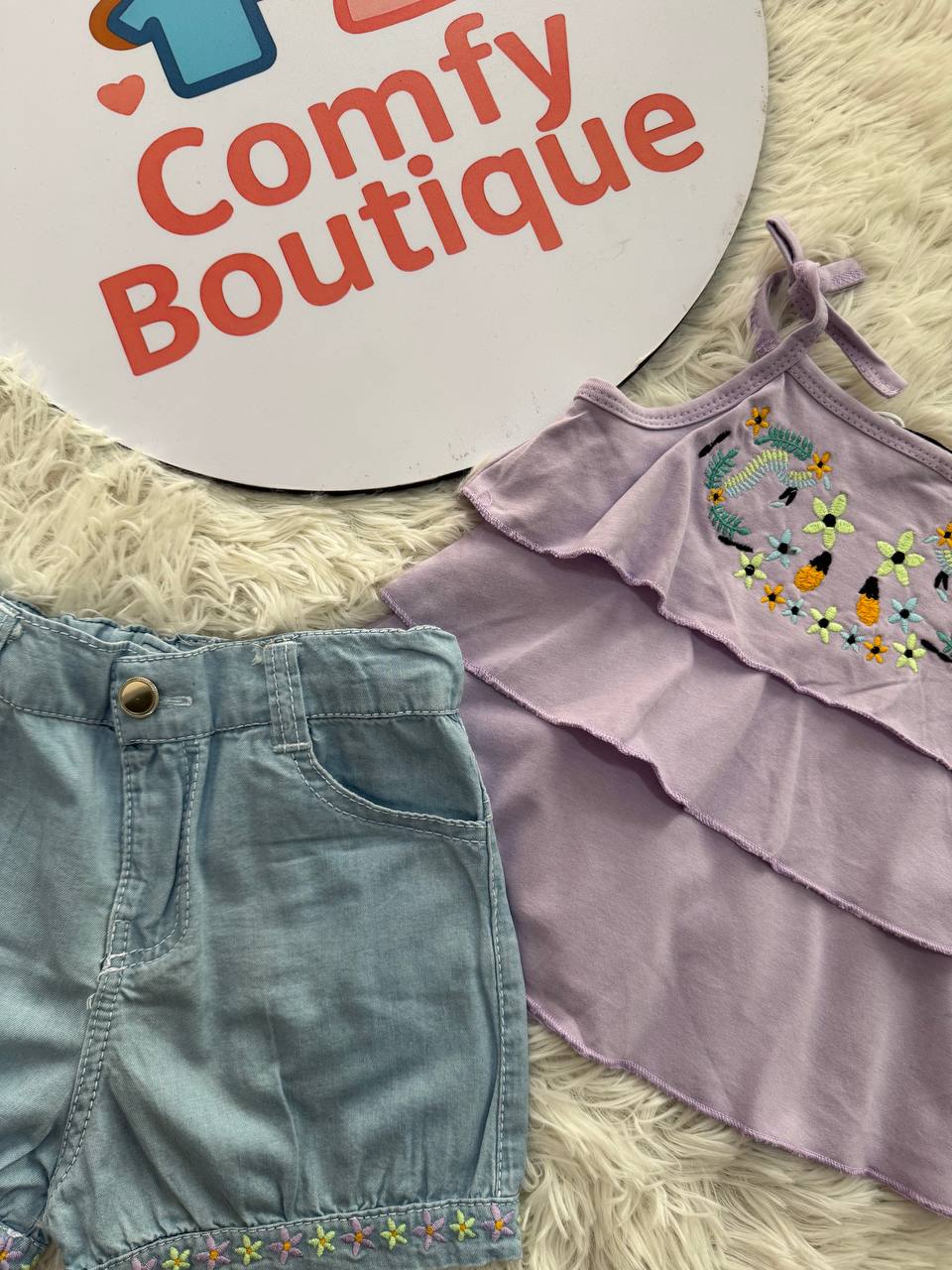 Girls’ Lavender Embroidered Top & Denim Shorts Set