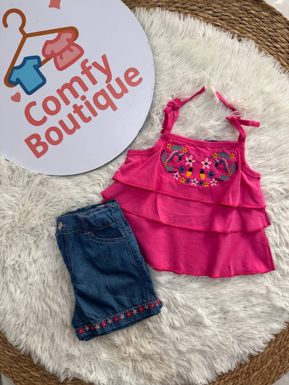 Girls’ Pink Embroidered Top & Denim Shorts Set