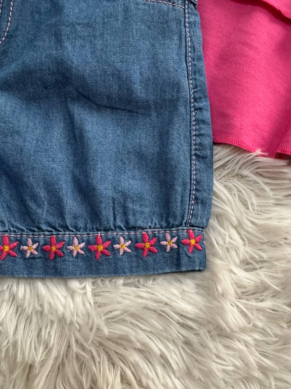 Girls’ Pink Embroidered Top & Denim Shorts Set
